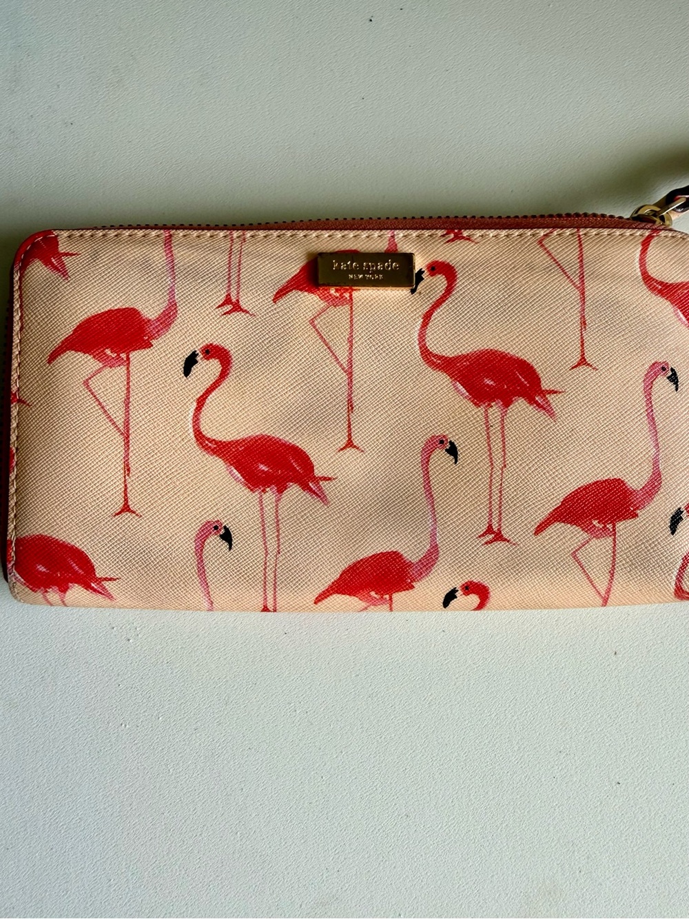 Kate Spade Pink Flamingo Print Zip Wallet with Gold Plate - Picture 2 of 7